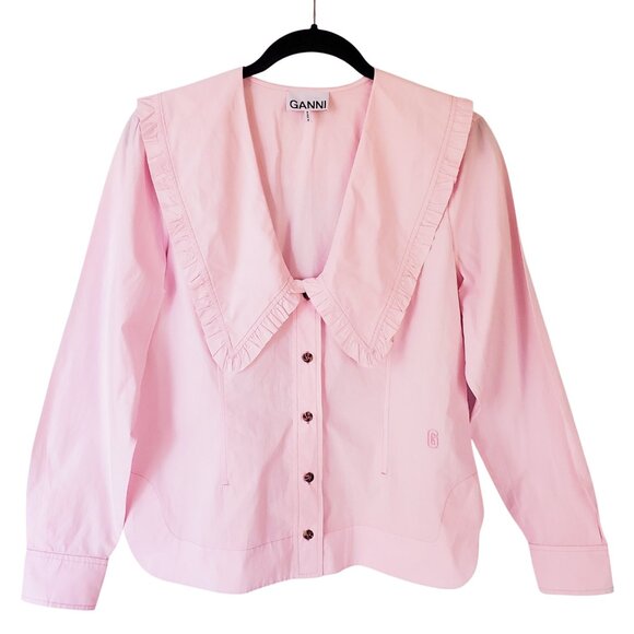 GANNI Vintage Ruffle Trim Peter Pan Collar Baby Pink Cotton Poplin Blouse Sz M/L - Picture 3 of 13